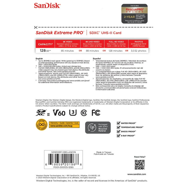 SanDisk 128GB Extreme PRO UHS-II V60 SDXC Memory Card - Walmart.com