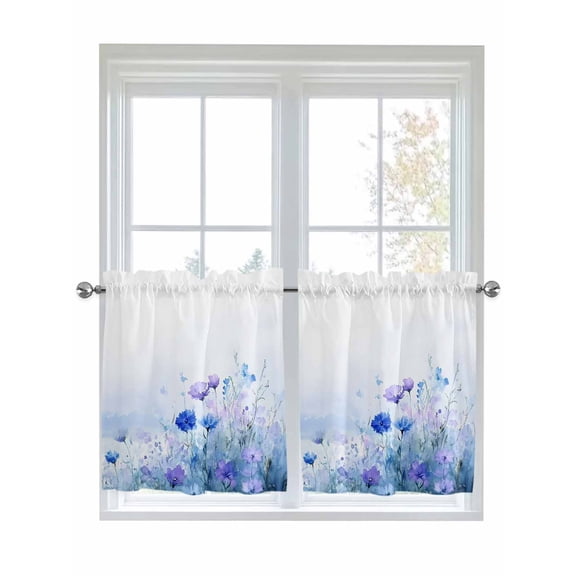 Half Window Curtains 24 Inches Long, Blue Flower Window Treatment Curtain Drapes, Modern Pastoral Watercolor Oil Painting Short Curtains Tiers for Kitchen Over Sink, 27.5"x24", 2 Panels