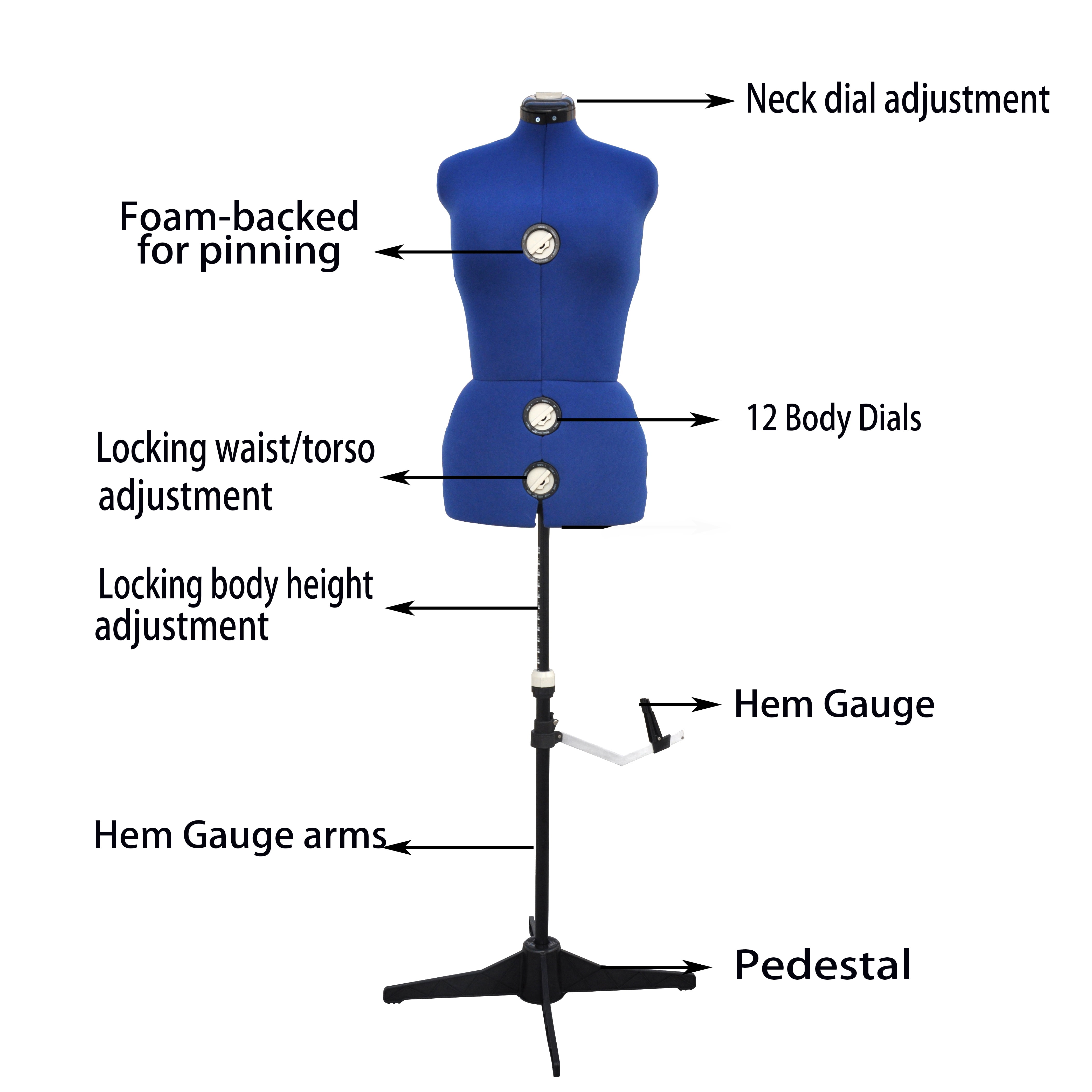 GEX 13 Dials Female Fabric Adjustable Mannequin Dress Form for Sewing, Mannequin Body Torso with Stand, Up to 70" Shoulder Height Blue (Large)