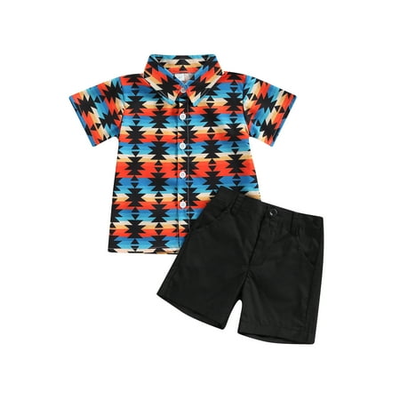 

Calsunbaby Toddler Baby Boys Summer Outfit Sets Short Sleeve Geometric Patterns Print Shirt Tops Solid Color Shorts 3-4 Years