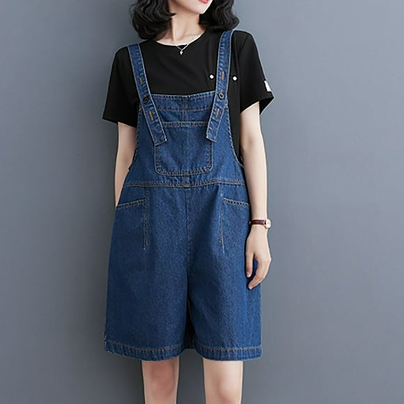 Aqestyerly Womens Shorts Casual Plus Size Women's Denim Jumpsuit Double Pocket Loose Casual Jumpsuit Shorts Strap Pants