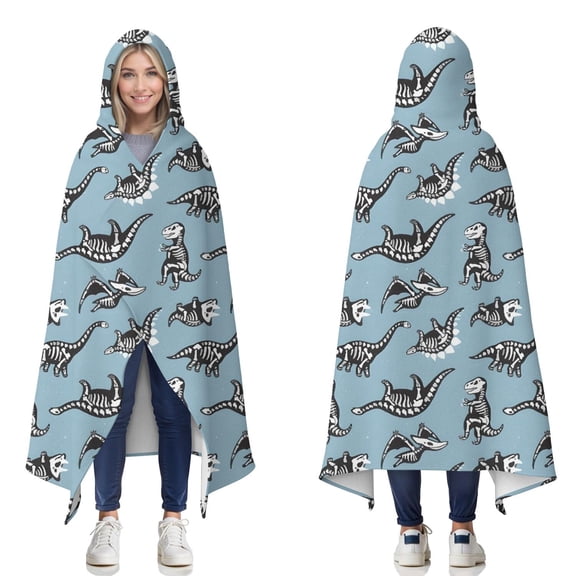 Wearable Blanket,Blue Dinosaur Skeletons Pattern Hooded Wearable Flannel Blanket for Adults & Teens,Winter Poncho Shawl Wrap Cape Cozy Anti-Pill,50"x60"