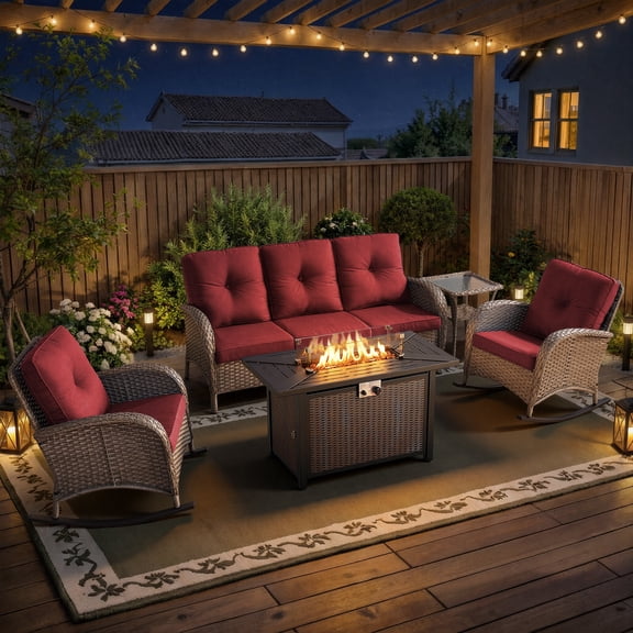 Opohoro 5 Pieces Outdoor Conversation Set with 43" Metal Fire Pit Table, Gray Rattan Sofa Set with Glider Chairs and End Table, Red for Patio Backyard