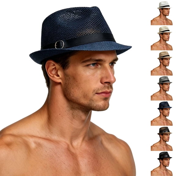 Paiwinds Men's Straw Fedora Summer Sun Hat Breathable Woven Beach Hat with Adjustable Strap for Travel Outdoor Casual Daily Wear