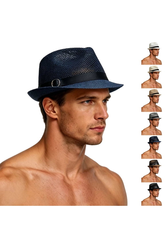 Men Summer Fedora Hat UPF 50+ UV Protection Wide Brim Straw Sun Hat Casual Beach Cap for Vacation Travel