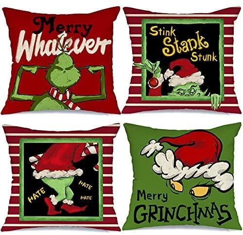 LONGRV Christmas Pillow Covers Set of 4 18 by 18 for Christmas Decorations The Grinch Stripe Christmas Pillows Winter Holiday Throw Pillows Christmas Farmhouse Decor