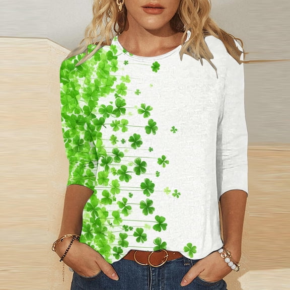 Xdegoge St. Patrick's Day Sweatshirt for Women Plus Size Crewnceck 3/4 Sleeve Top Shamrock-Embellished Whimsical Print Tops Casual Loose Sweatshirts
