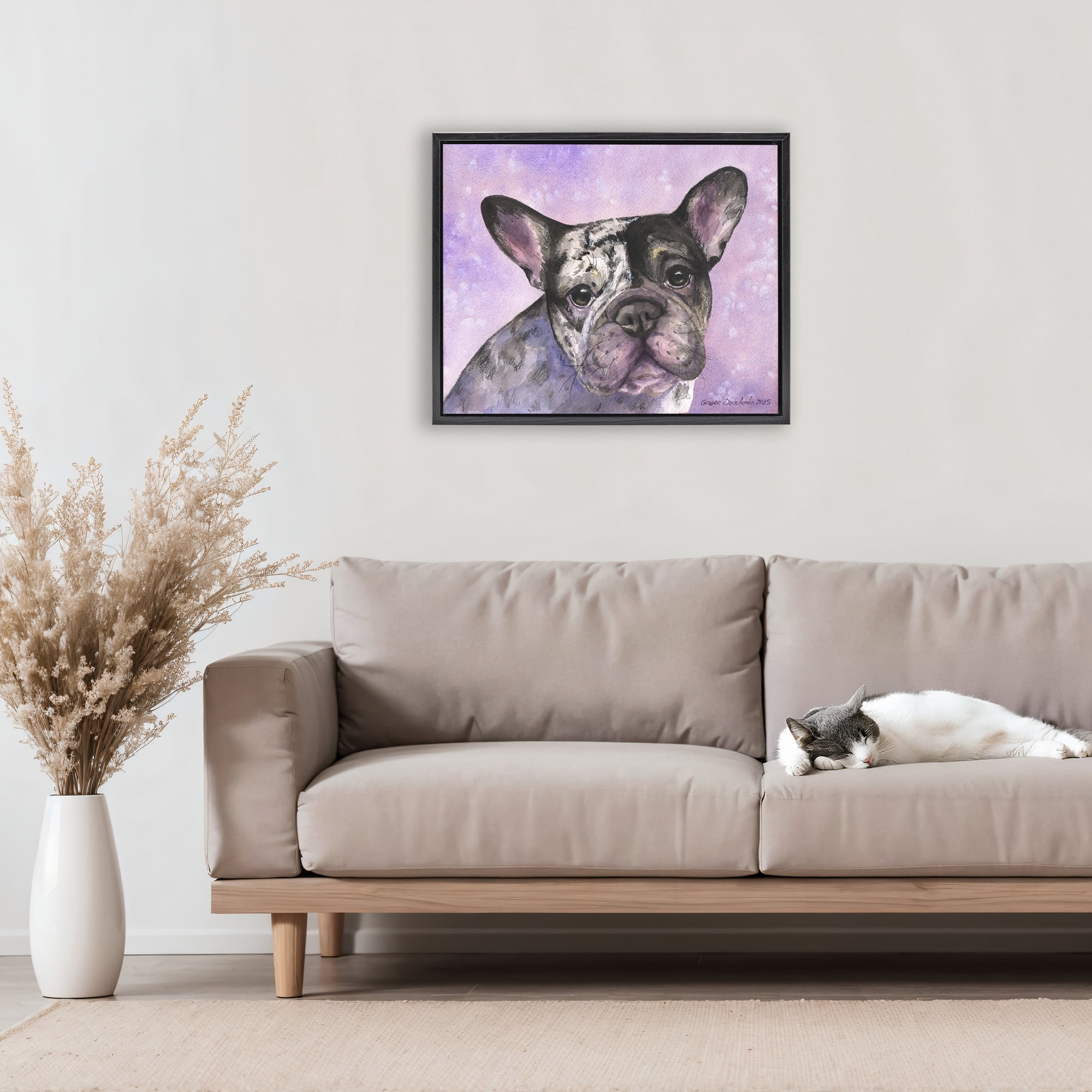 Stupell Industries Harlequin French Bulldog Black Framed Floater Canvas Wall Art, design by George Dyachenko