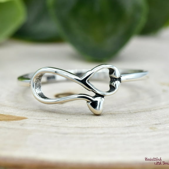Infinity Heart End Stethoscope Ring, Solid 925 Sterling Silver Stethoscope Ring, Medical Theme Heart Infinity Stethoscope Promise Ring Ring Size 4.25
