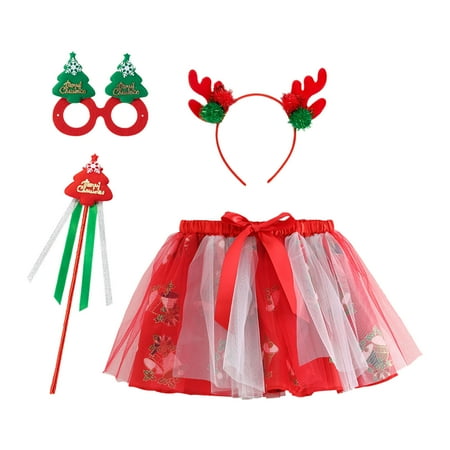 

Christmas Party Dress Winter Outfits for Girl Kids Dance Party Cartoon Tulle Skirt Ballet Skirts Hairband 4PCS Set(Size:2-4 Years)