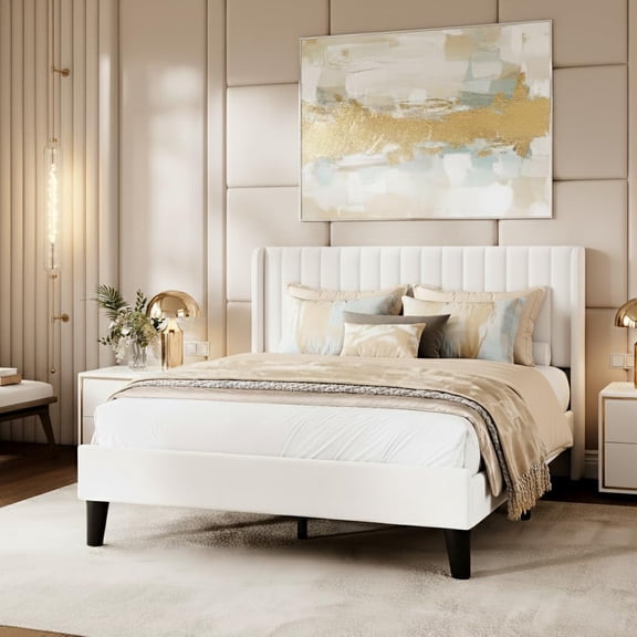 Acekid Queen Size Velvet Bed Frame,Upholstered Platform Bed with Wingback Headboard,No Box Spring Needed,Easy Assembly,Heavy-Duty Support,Beige