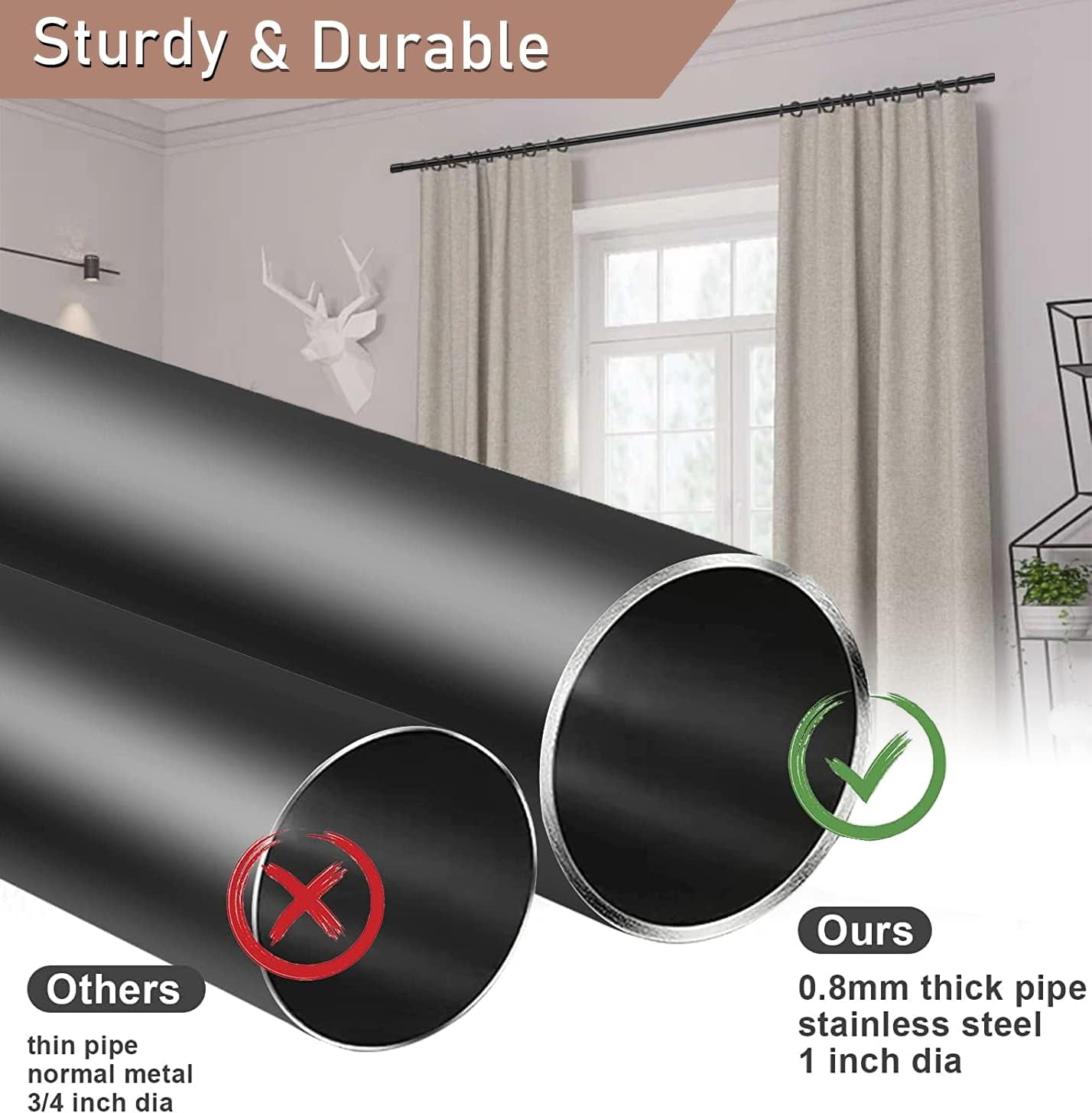 FLY HAWK Black Curtain Rods for windows 30 to 94 inches, 1 inch Metal Curtain Rod Kit with Adjustable Brackets