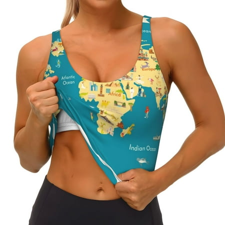 Goofa World Map With Landmarks Printed Sports Bras for Women  High Impact Running Bra Workout Crop Tank Tops Longline Sports Bra Push up-Large