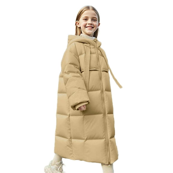 Efsteb Girls Winter Coats Long Hooded Puffer Coat Zipper Thickened Warm Puffer Jacket Long Sleeve Warm Windproof Outwear (Khaki,5-6 Years)