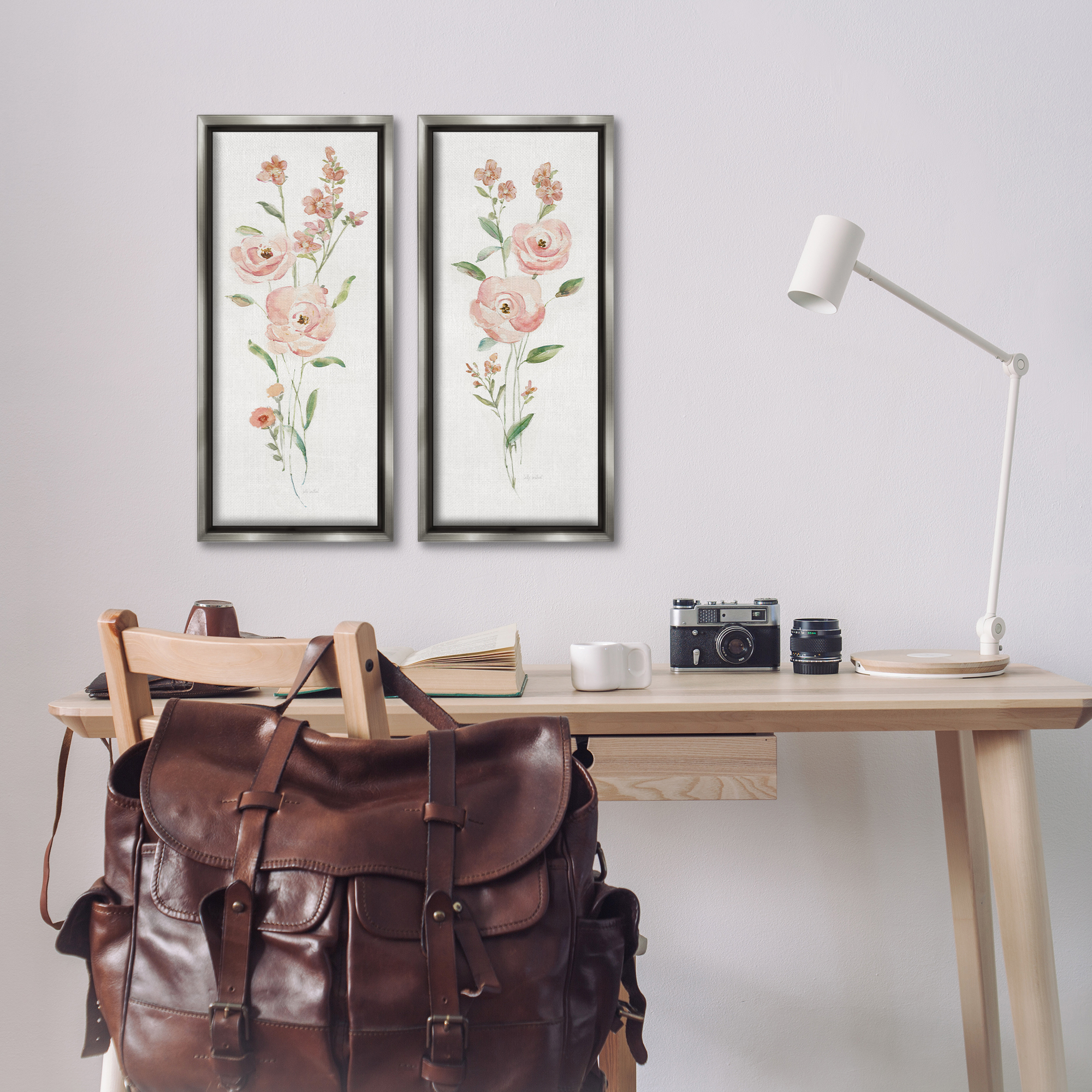 Stupell Industries Simple Pink Watercolor Flowers Plants & Flowers Painting Gray Floater Framed Canvas Art Print Wall Art, 11 x 25, Set of 2