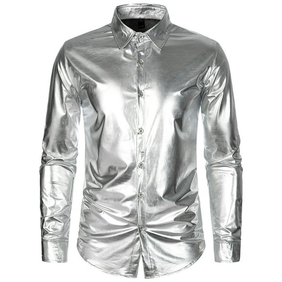 JUUYY Men's Metallic Disco Shiny Slim Fit Long Sleeve Button Down Nightclub Party Shirts Christmas Shirt Silver L