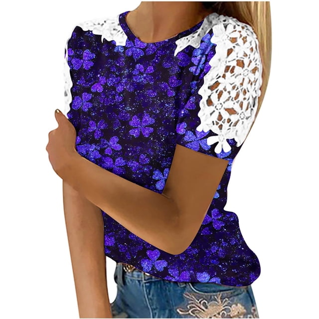 Camisas de Manga Corta para las Mujeres Impresión Cuello Redondo Suéter Encaje Blusa, Top Casual para el Hogar Y Diario