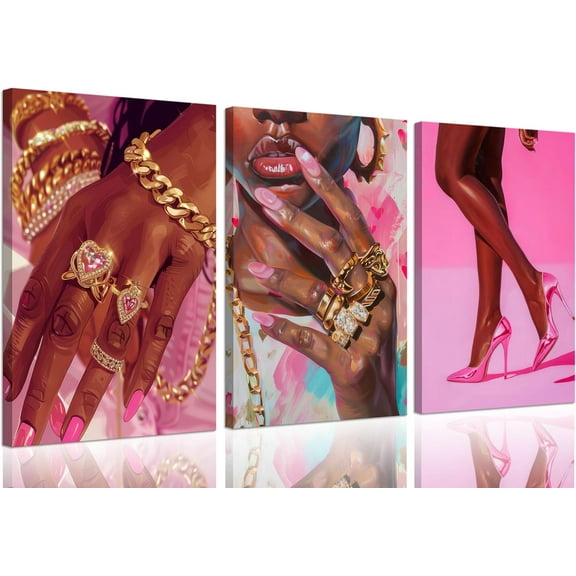 3Pcs Pink Fashion Black Girl Canvas Wall Art African American Black Woman Wall Decor Pictures Gorgeous Black Girl Posters Prints for Living Room Bedroom Artwork Home Decoration Unframed