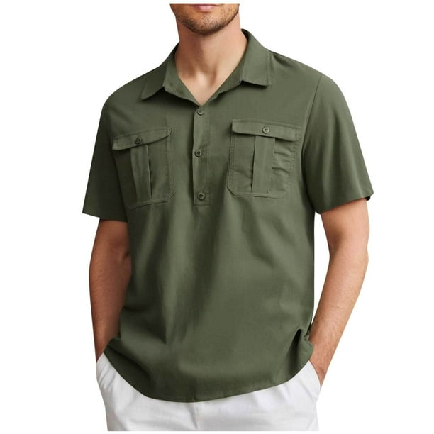 Camisa de Manga Corta de los Hombres con Botón de Color Sólido Blusa de Cuello con Bolsillo, Top de Poliéster Casual para Toda la Temporada de Uso Diario Y Casual