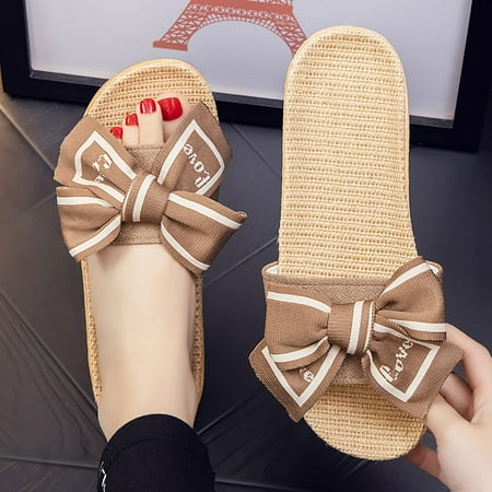 

FZM Women shoes Slippers For Women Female Flower Decoration Upper Slippers Bohemia Linen Slippers Flip Flops Beach Shoes Flax Sandals