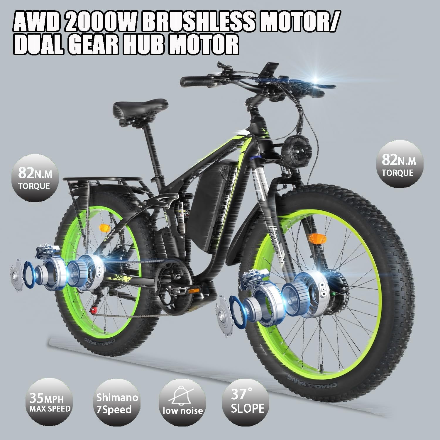 (US in Stock)5000W Peak Dual Motor Electric Bike for Adults , 60V 25AH Removable Battery Ebike , 50MPH AWD 21-Speed Mountain Snow E-Bike with 26" x 4.0 Fat Tire, Long Range Mountain Off-Road EBike