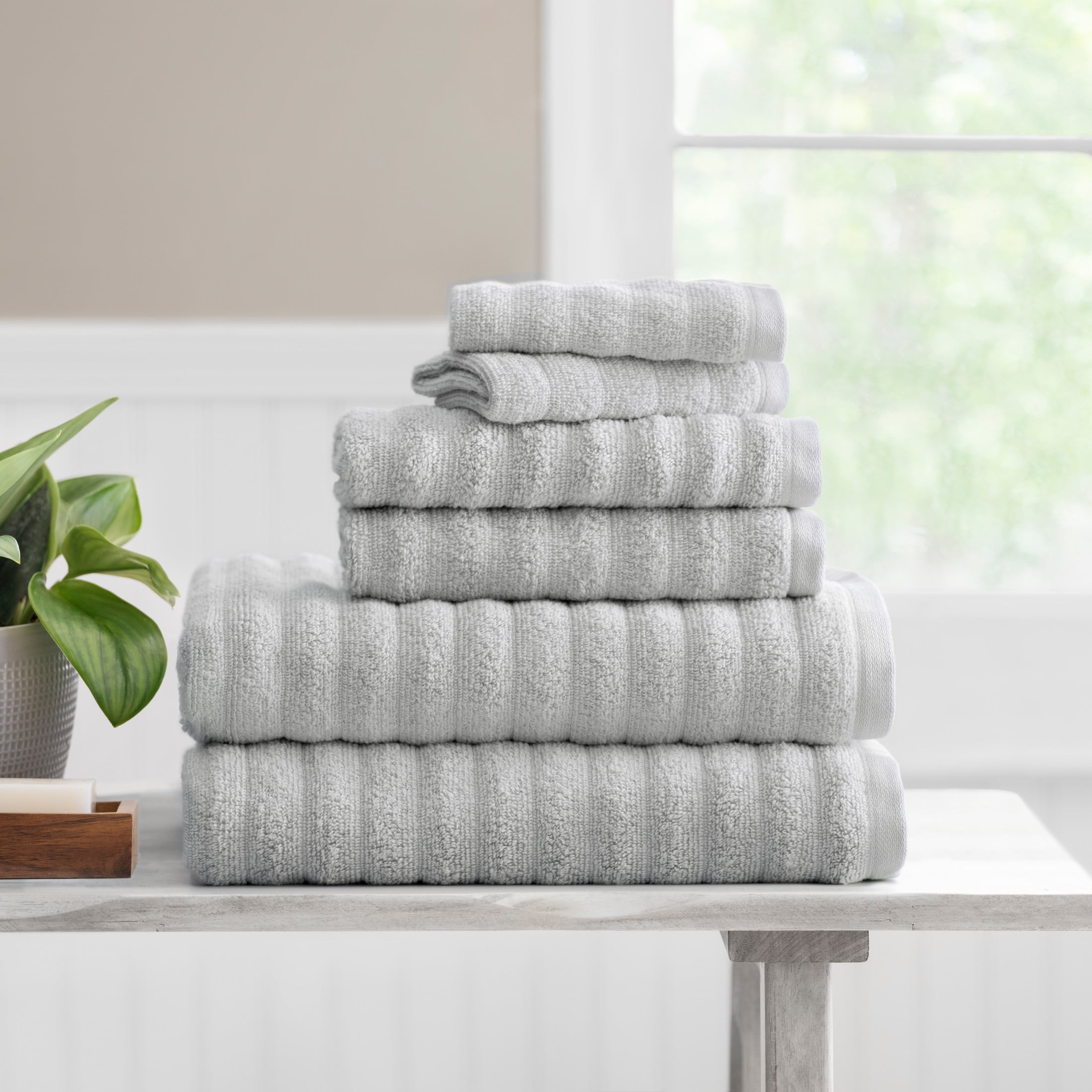 Mainstays Performance Textured Bath Towel 6Piece Set, Soft Silver