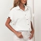 thumbnail image 3 of Camisas con botones para mujer, camisa básica informal con cuello en V y mangas de encaje, camisa básica de poliéster de Color puro para ir de compras, 3 of 6