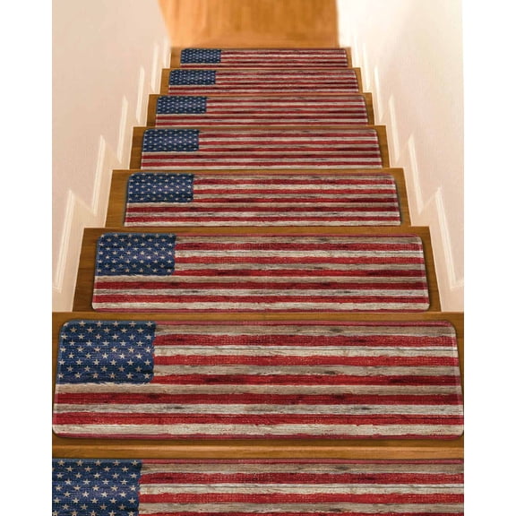 American Flag Stair Treads for Wooden Steps Indoor Runner Rug Carpet, Blue Red Star Stripe Farmhouse Wooden 4 Pieces Peel and Stick Staircase Step Treads Covers Washable Throw Door Mats, 30"x8"