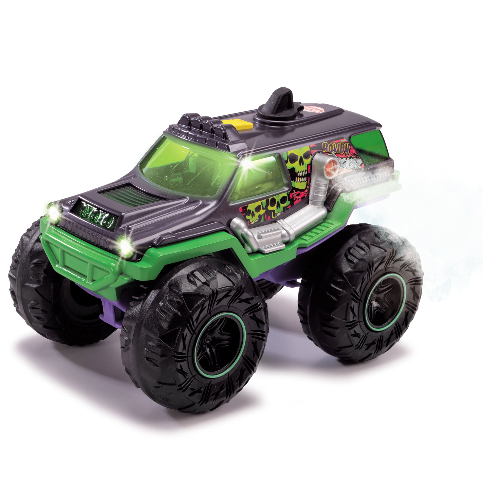 Dickie Toys: Rowdy Rocker Monster Truck – Green & Purple - 9.8" Light & Sound Freewheel Toy Vehicle, Smoking Effect, Suspension, Rubber Tires, Kids 3+