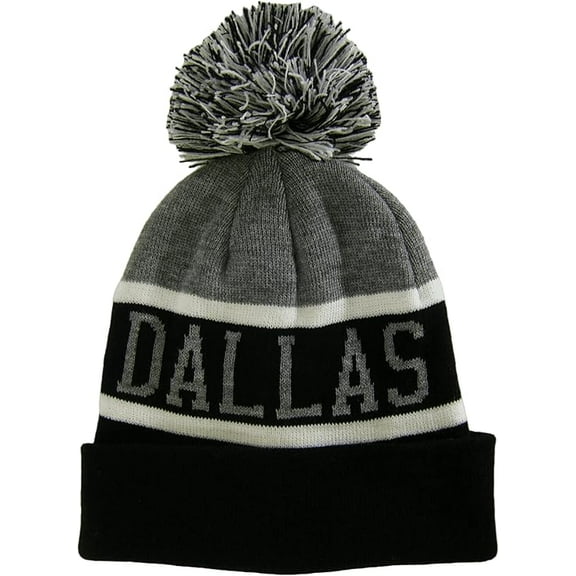 Dallas City Name Wide Stripe Winter Knit Pom Beanie Hat (Gray/Black)