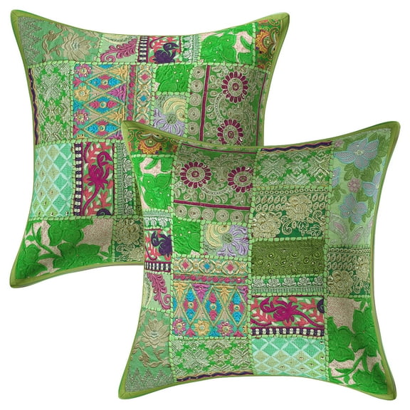 Stylo Culture Ethnic Cotton Decorative Throw Pillow Covers Parrot Green 18 x 18 Bohemian Vintage Patchwork Ethnic Sofa Cushion Covers 45x45 cm Home Decor Abstract Square Pillow Cases | Set Of 2