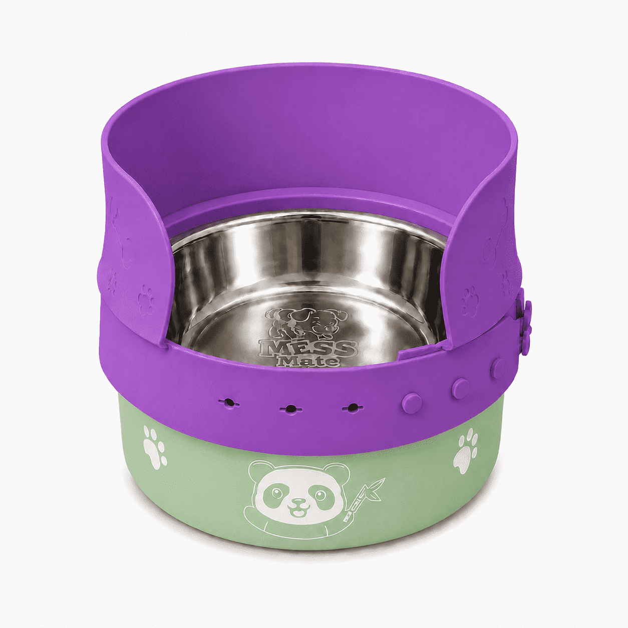 MessMate Stainless Steel Dog Bowl Set with Adjustable Silicone Splash Guard for Dogs & Cats, Non-Slip Food and Water Bowl, Green Bowl with Purple Guard, Dishwasher Safe