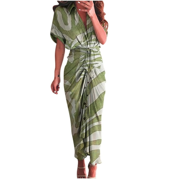 Edvintorg Womens Maxi Dresses with Sleeves Fashion Printing V-Neck Irregular Long Skirt Shirt Dress Vacation Outfits for Women 2025