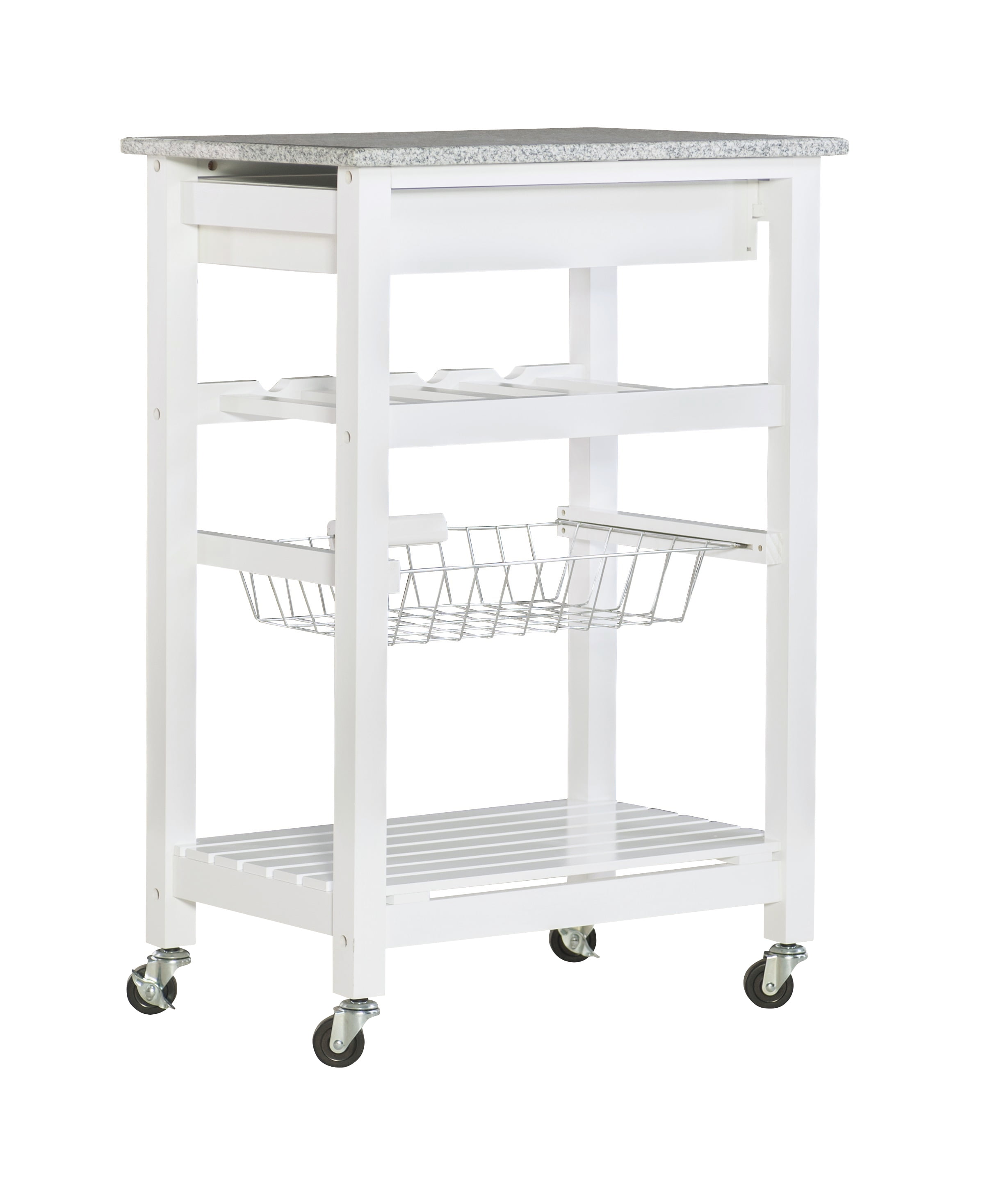 Linon Neyrey Mobile Kitchen Island, White Finish with Gray and White Speckled Granite Top