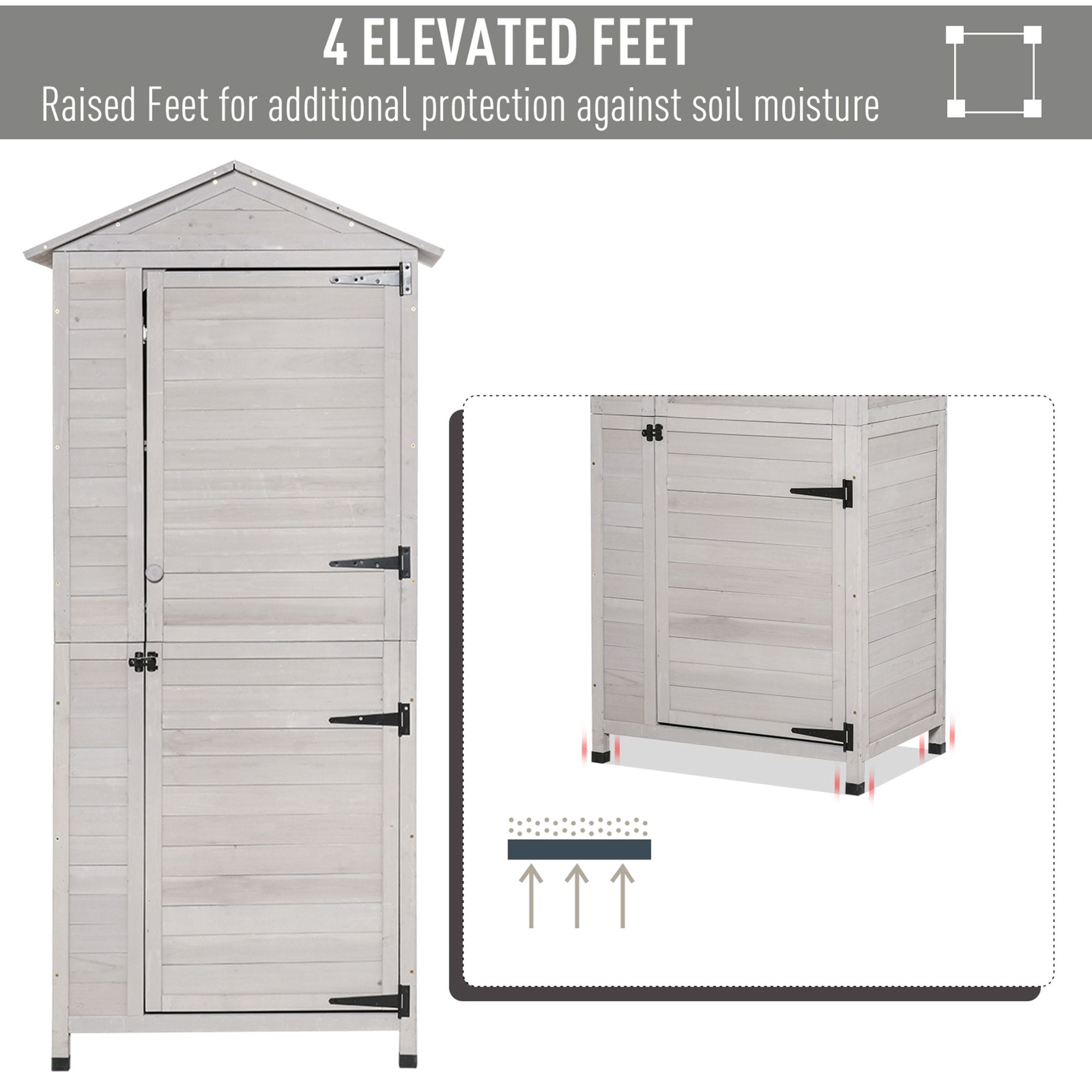 Outsunny 36" x 25" x 79" Wooden Storage Shed Cabinet, Outdoor Tool Shed Organizer with 4-Tier, 3 Shelves with Handle Tin Roof Magnetic Latch Foot Pad, Light Grey