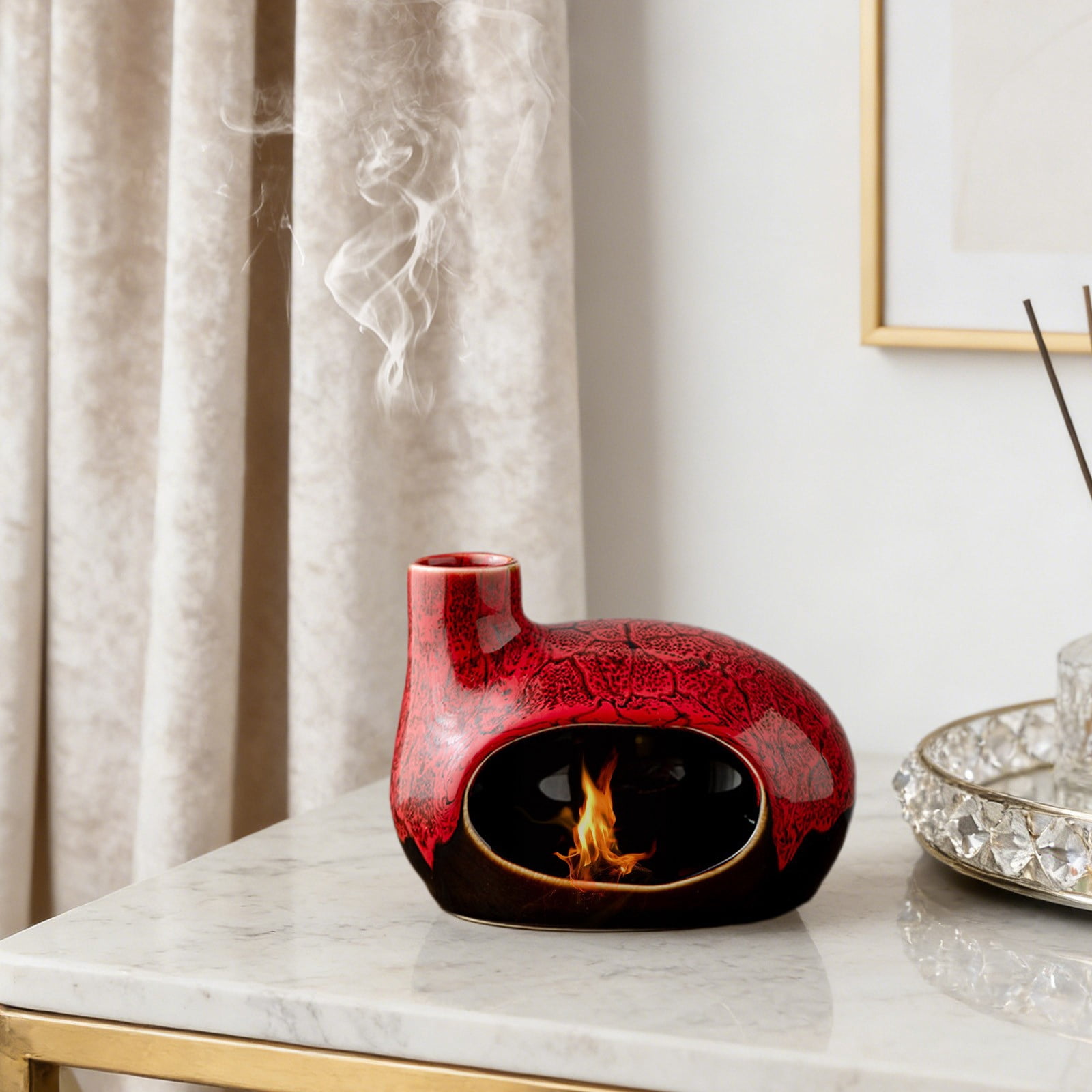 Handcrafted Ceramic House-Shaped Incense Burner with Chimney, Red Glaze Palo Santo and Sage Holder for Home Decor and Gifting
