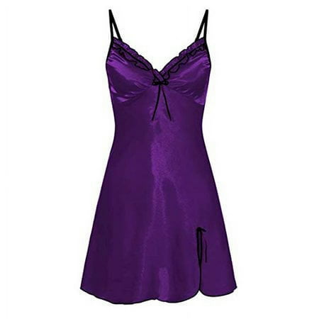 GRNSHTS Women Lingerie Lace Chemise Nightgown Satin Babydoll Nightwear Silk Slip Dress (Purple XL)