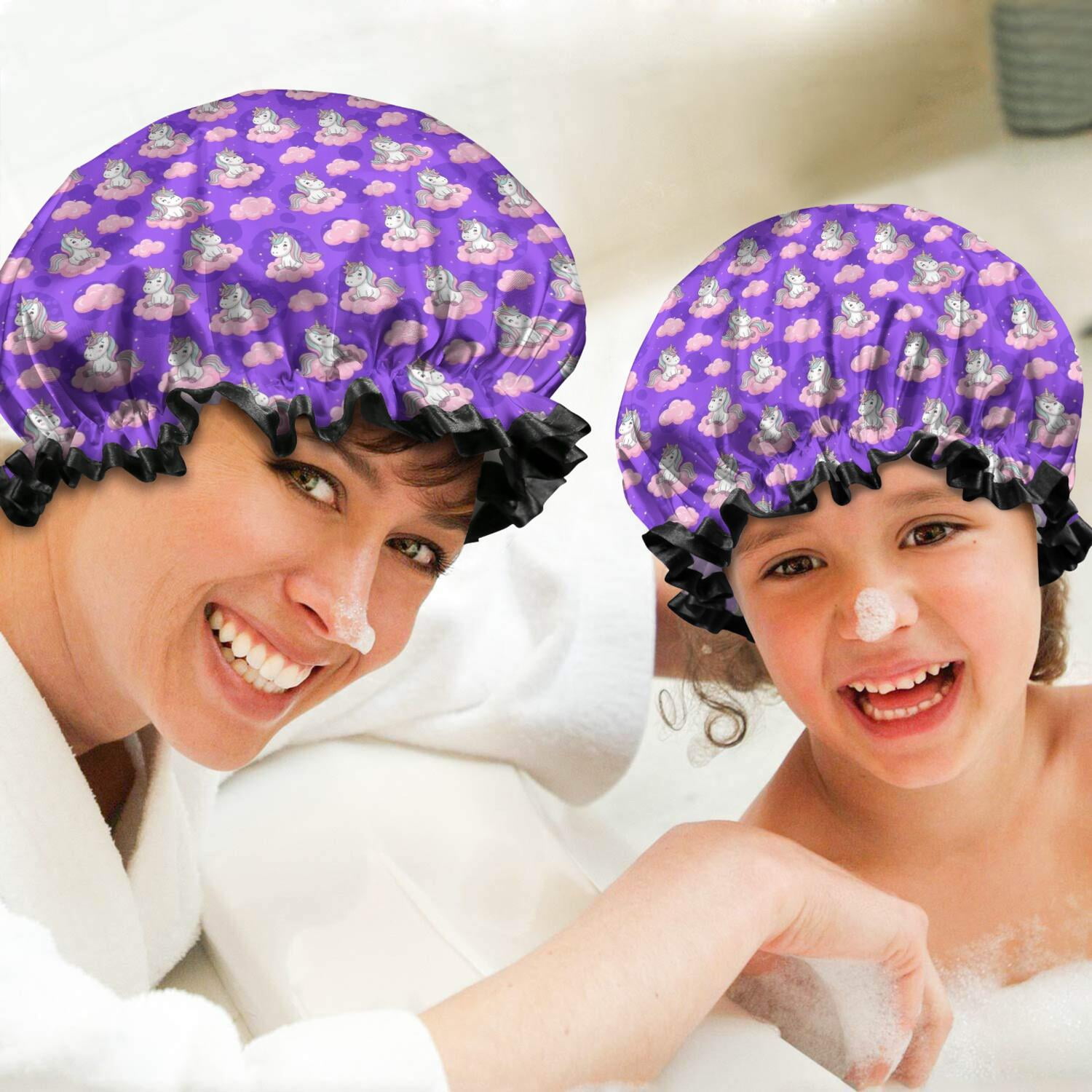 Shower Caps,Purple Cartoon Unicorn Cloud Pattern Waterproof Shower Cap for Women 4 Pieces,Double Reusable Hair Cover for Shower PEVA Elastic Stretch Hem