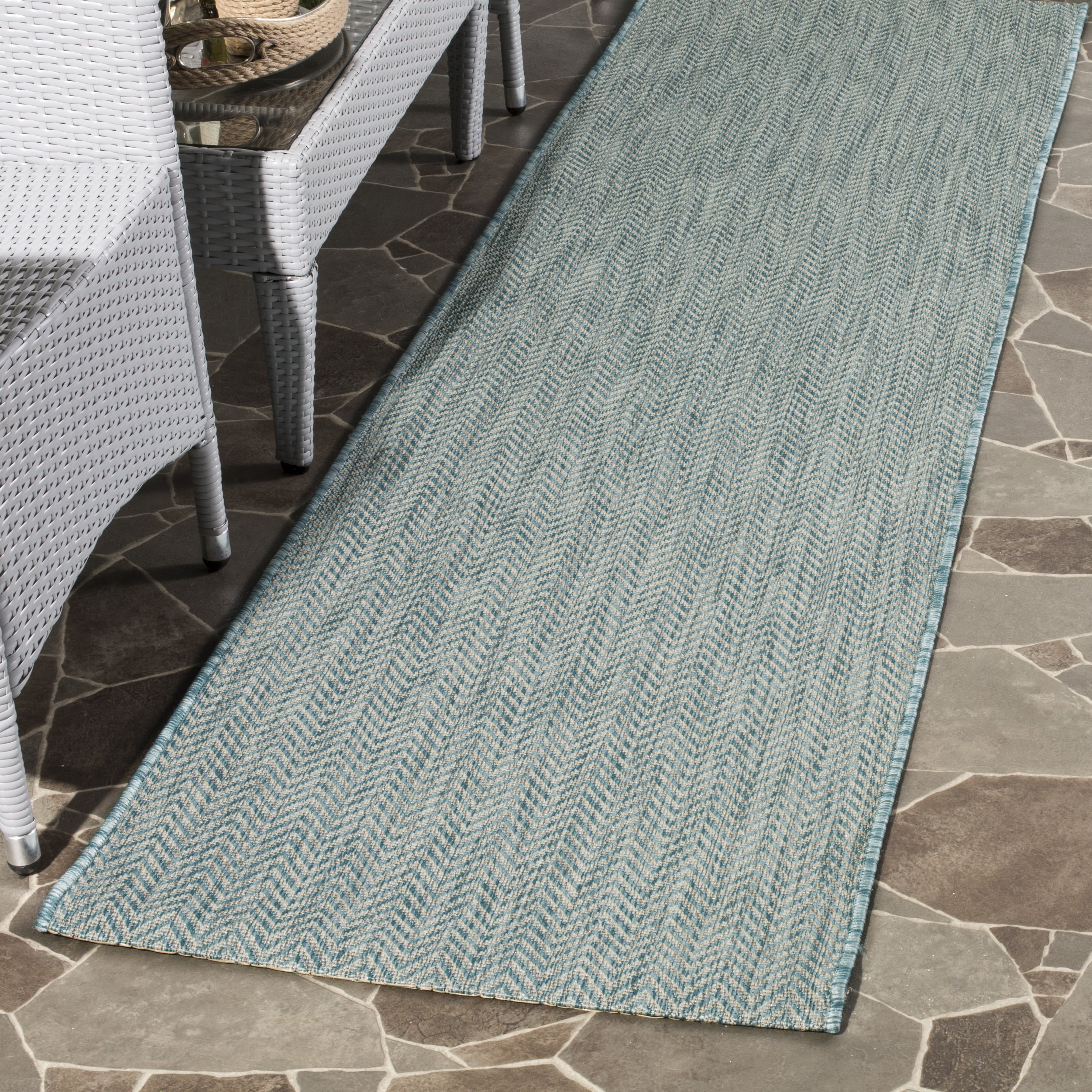 SAFAVIEH Courtyard Blazhe Chevron Indoor/Outdoor Runner Rug, Aqua/Grey, 2'3" x 22'