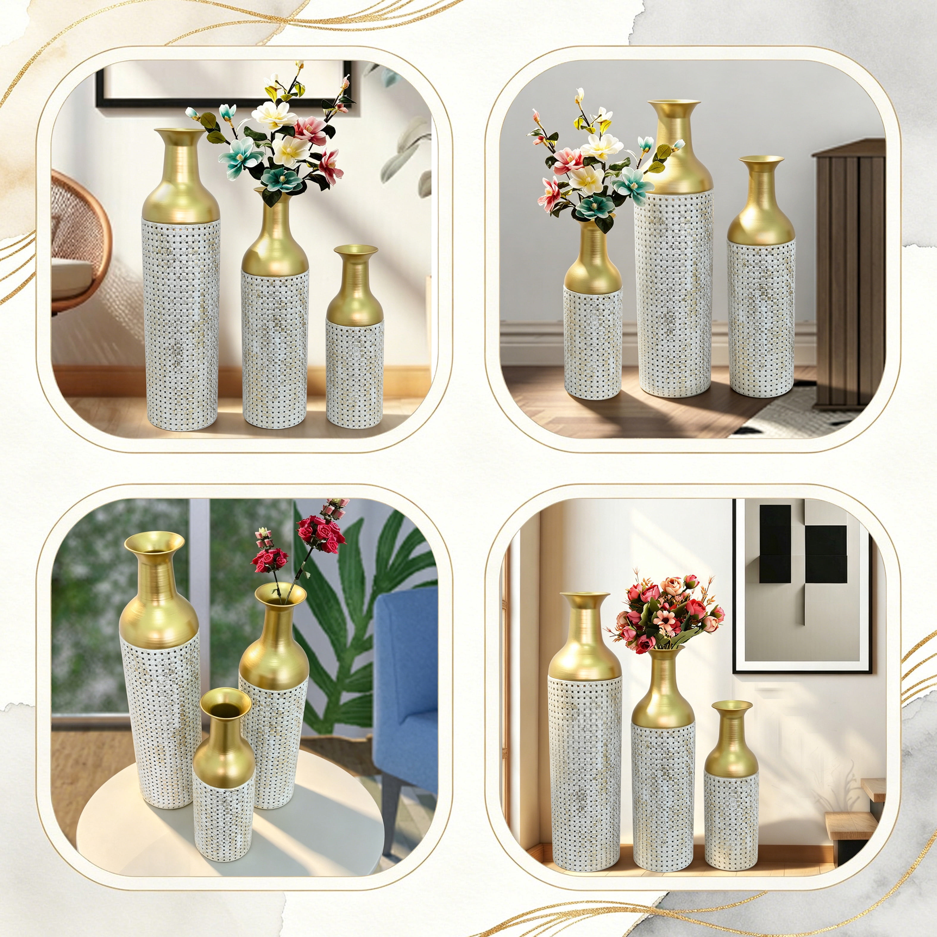 Metal Floor Vases Set of 3 with Leaf Pattern, Tall Decorative Vases and Home Decor Accents for Living Room Entryway, Antique Grey and White