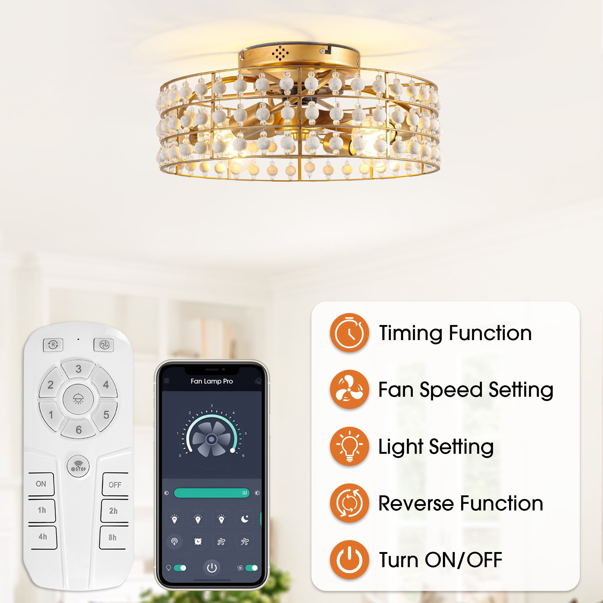 Parrot Uncle 20" Smart Beige Wood Beaded 4-Light Flush Mount Smart Ceiling Fan with Remote and Light Kit, Bedroom Ceiling Fan
