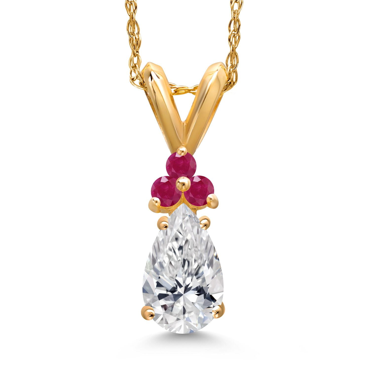 Gem Stone King 14K Yellow Gold DEF Lab Grown Diamond and Red Ruby Pendant Necklace for Women | 0.61 Cttw | Gemstone April Birthstone | Pear Shape 7X5MM | With 18 inch Chain