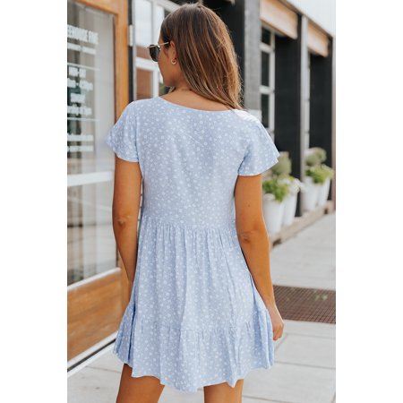 GCKG Women s Sky Blue Floral V Neck Buttoned Babydoll Dress with Ruffled Hem (US 4-6)S