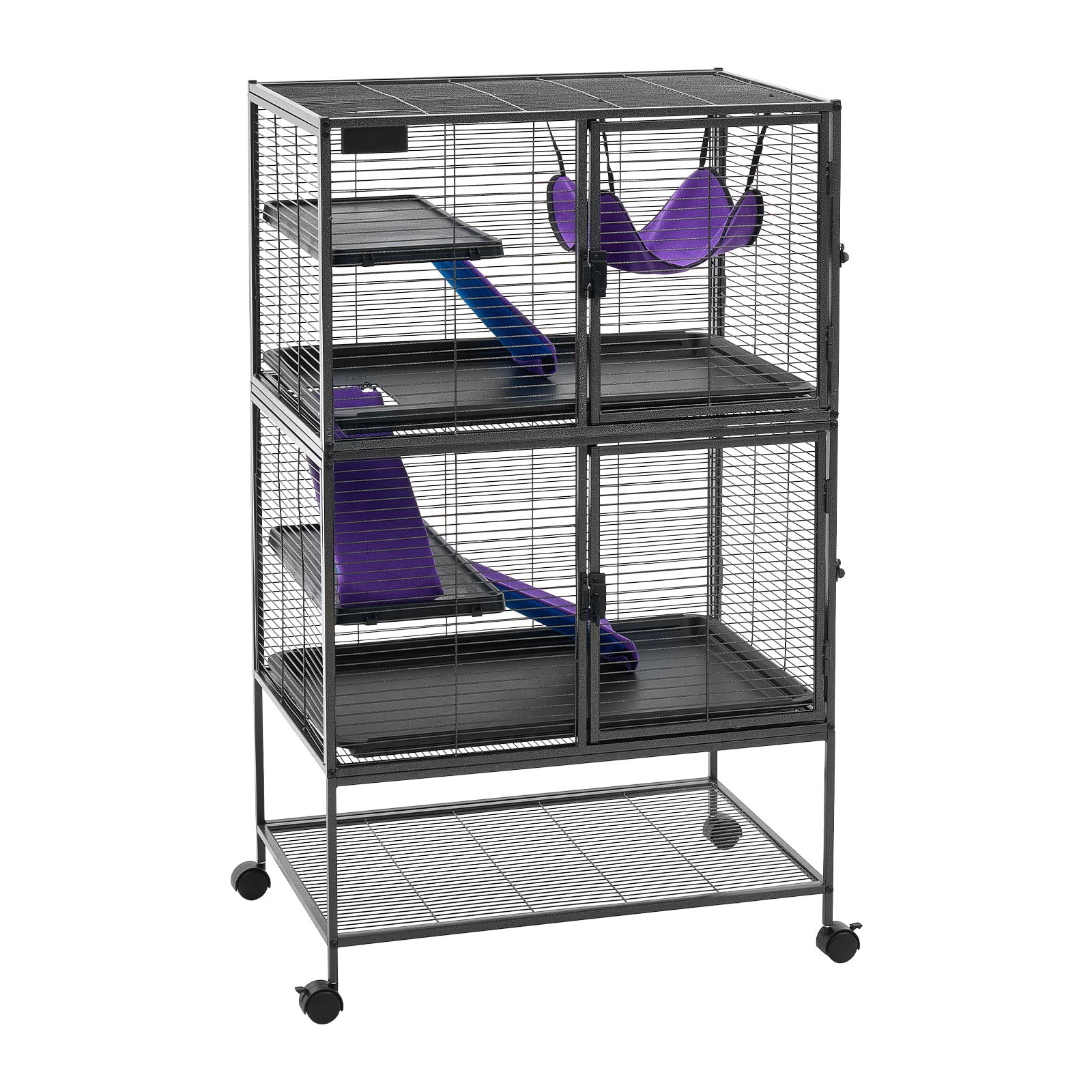 KFFKFF Metal 4-Tier Small Animal Cage 51.2"H with Wheels, 0.55" Wire Spacing, Includes Hammock, Ramps, Tray & Doors for Ferrets, Chinchillas, Sugar Gliders, Guinea Pigs & Rabbits