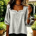 thumbnail image 4 of Edvintorg Plus Size Womens Tops Plaid Square Neck Casual Pullover Shirt Lightweight 3/4 Sleeve Loose Blouse with Button Clothes Women Gray L, 4 of 5