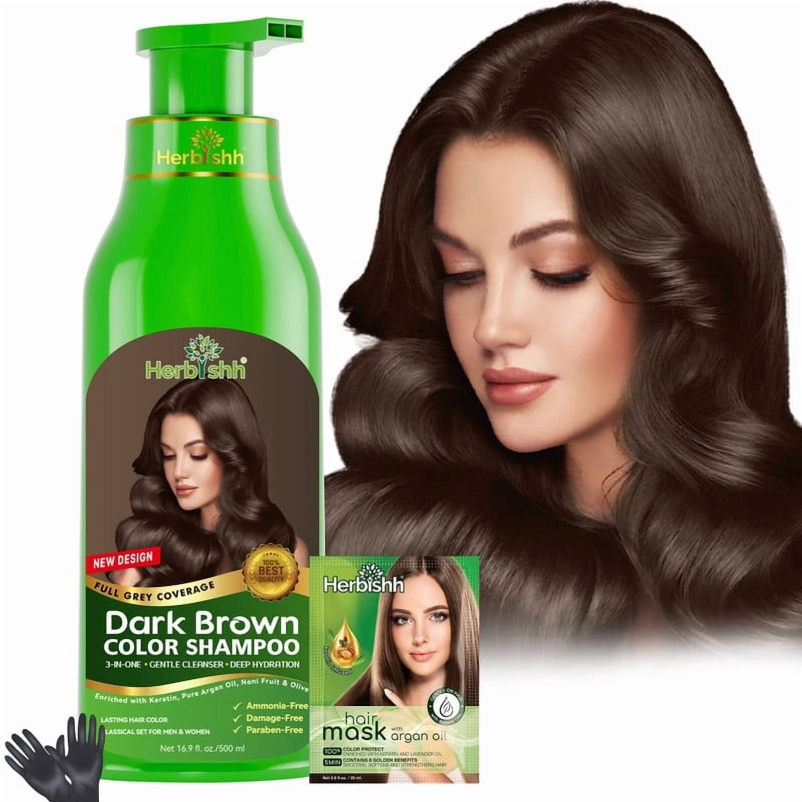 (5 pack) Herbishh Ultimate 3pcs Hair Color Shampoo Dye +1 Argan Hair Mask, Smooth and Long Lasting for Grey Hair Men & Women Easy & Quick to Use-Combo4 (Dark Brown)