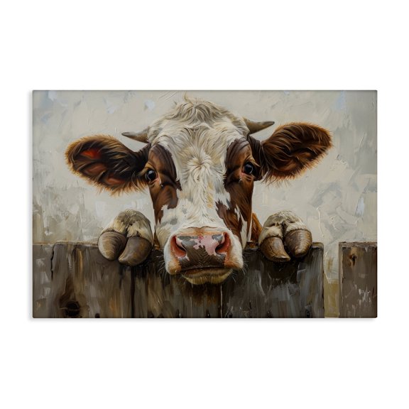 Stupell Industries Cow On Fence Animals & Insects Painting Gallery Wrapped Canvas Art Print Wall Art, 45 x 30