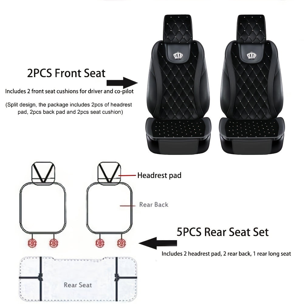 Universal Luxury Car Seat Covers, Front & Rear Cushion with Sparkling Rhinestone Inlaid Queen Crown, Premium Bling Car Interior Accessories