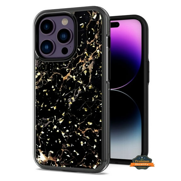 For Apple iPhone 15 Pro (6.1") Pattern Design Bling Glitter Shockproof Hybrid Soft TPU Frame and Hard PC Back Slim Phone Case Cover by Xpression - Marble Black