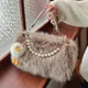 thumbnail image 4 of Bolso de mujer portátil con cadena de perlas de imitación de felpa de nueva tendencia de otoño e invierno, bolso de mensajero de hombro de moda y para viajeros, 4 of 5